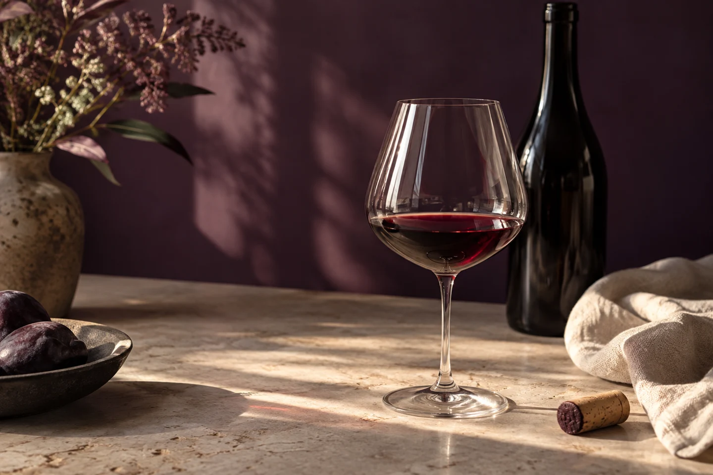 Un verre de vin rouge, une bouteille et du lin sur une table de pierre